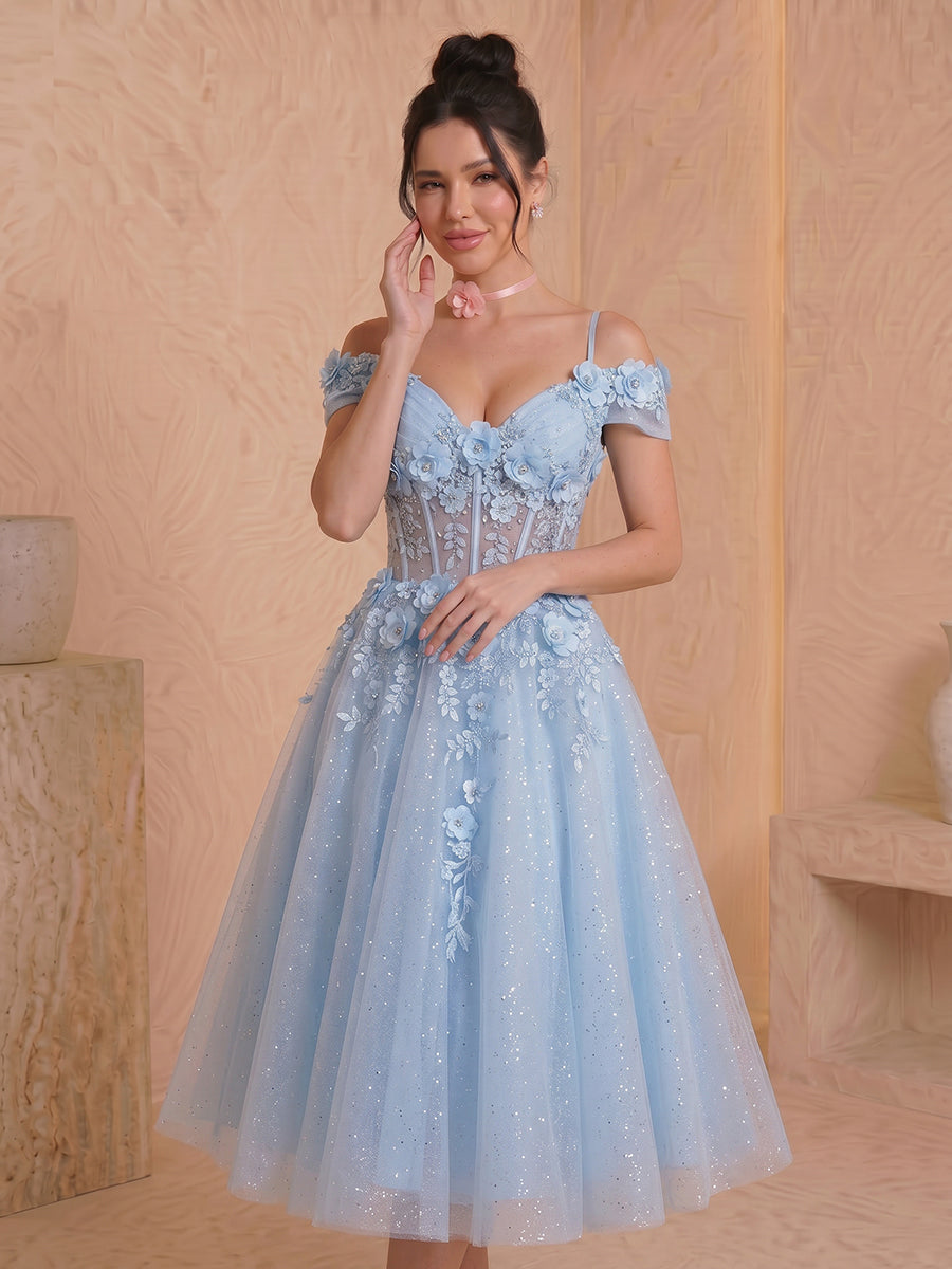 Tulle Off the Shoulder A Line Corset Sleeveless Short Homecoming Dresses