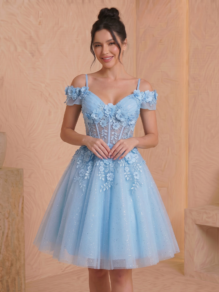 Off the Shoulder A Line Tulle Corset Sleeveless Short Homecoming Dresses