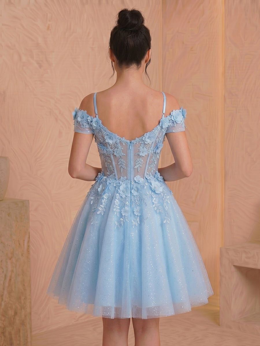 Off the Shoulder A Line Tulle Corset Sleeveless Short Homecoming Dresses
