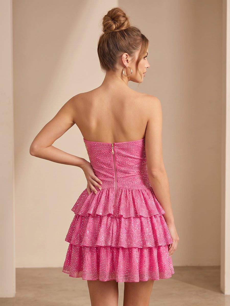 Sweetheart Satin A Line Sleeveless Tiered Short Homecoming Dresses