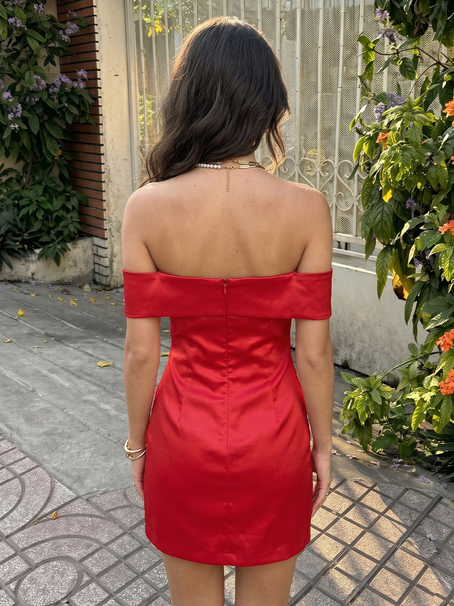 Satin Sheath Sleeveless Off the Shoulder Short Homecoming Dresses