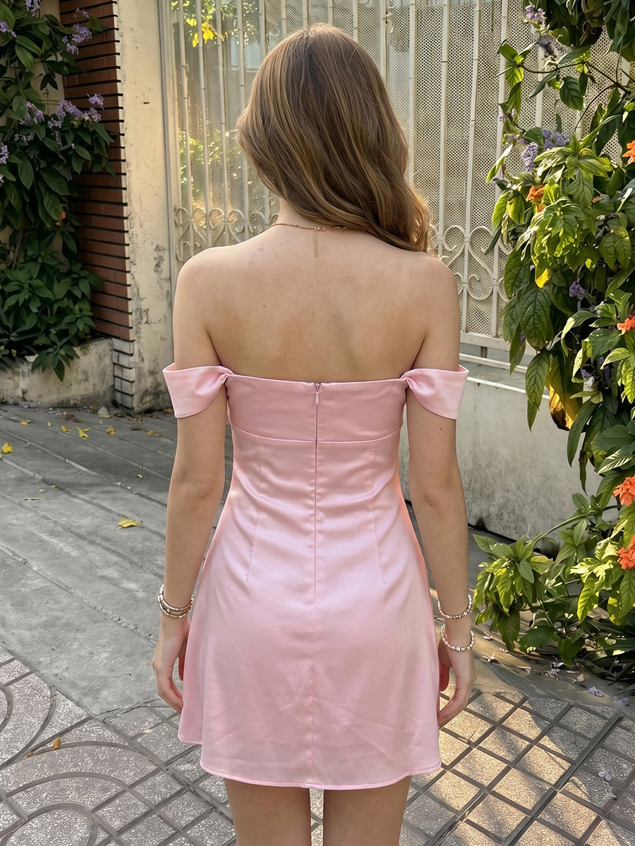 Satin Sheath Off the Shoulder Sleeveless Short Homecoming Dresses