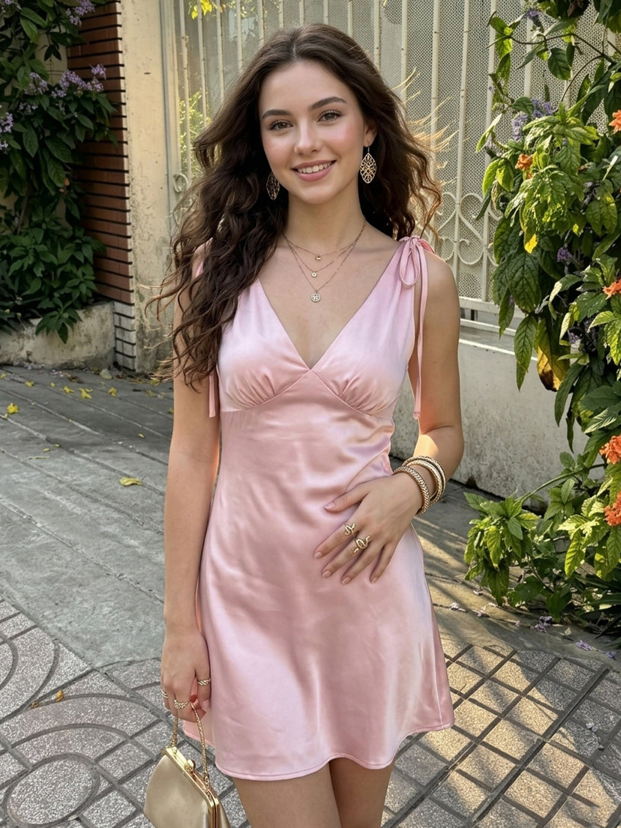 Sheath Satin V Neck Sleeveless Short Homecoming Dresses