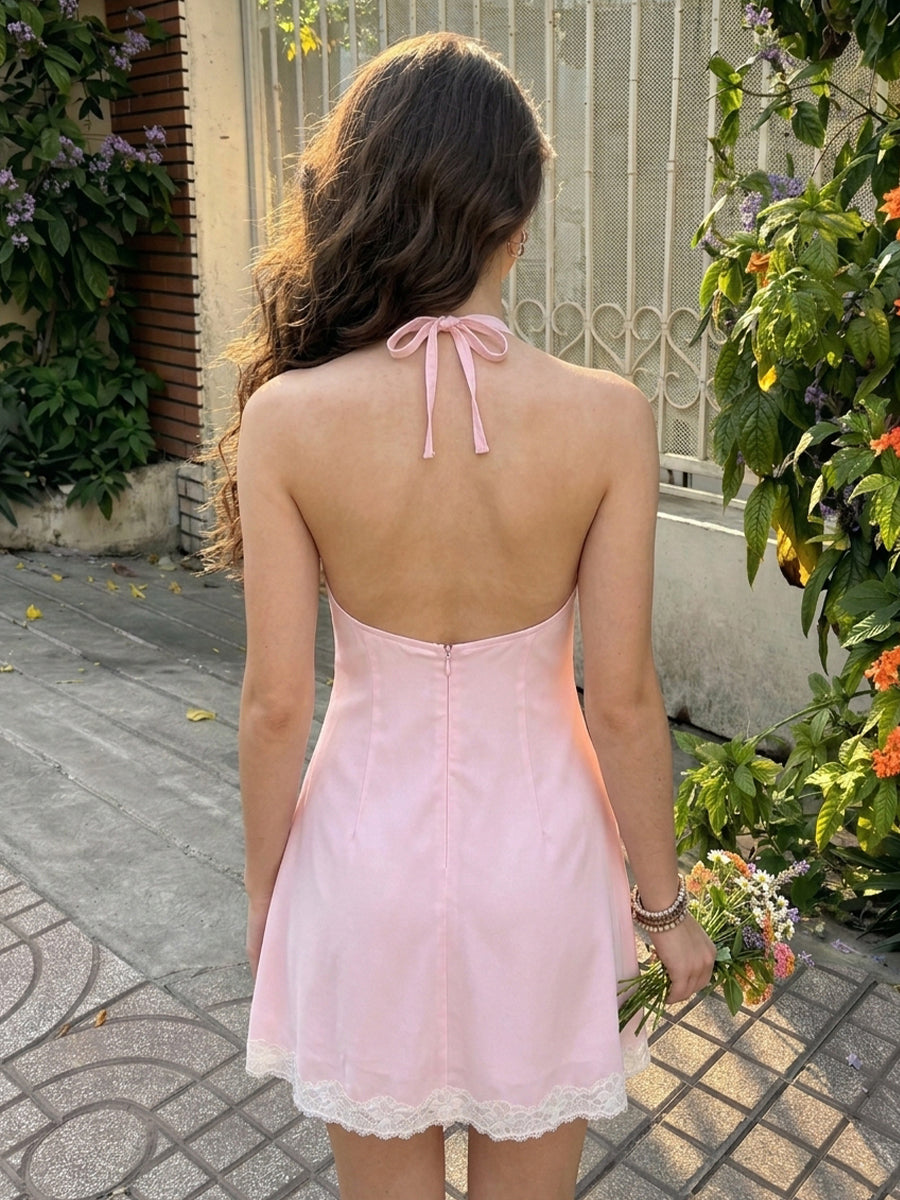Satin A Line Halter Sleeveless Short Homecoming Dresses