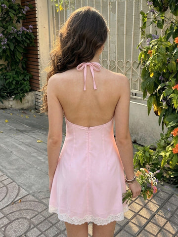 Satin A Line Halter Sleeveless Short Homecoming Dresses