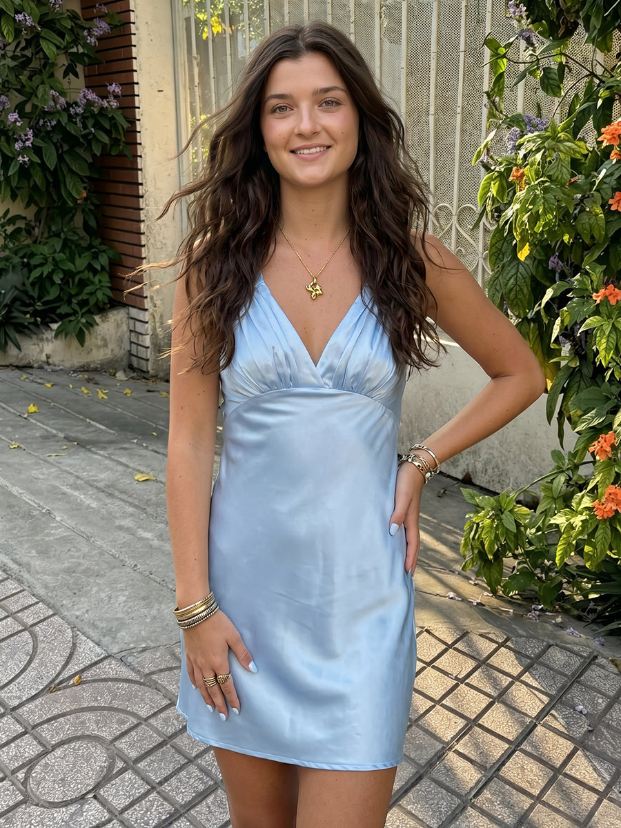 V Neck Sheath Satin Sleeveless Short Homecoming Dresses