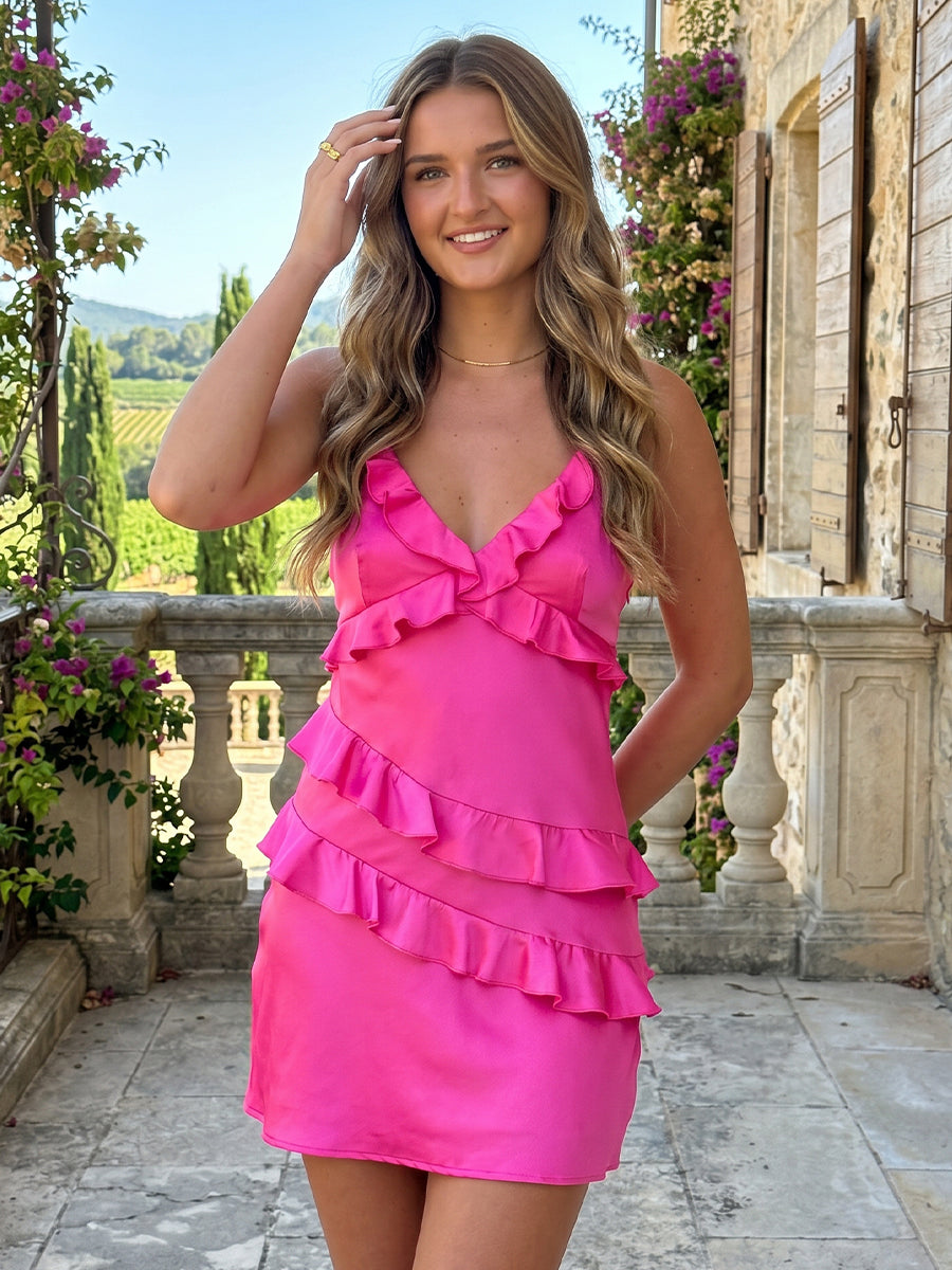 Satin A Line V Neck Sleeveless Short Homecoming Dresses