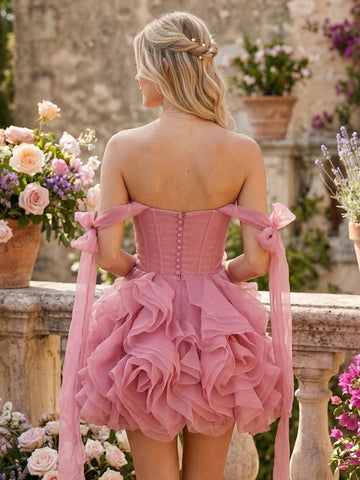 Tulle Off Shoulder Tiered Sleeveless Short Homecoming Dresses