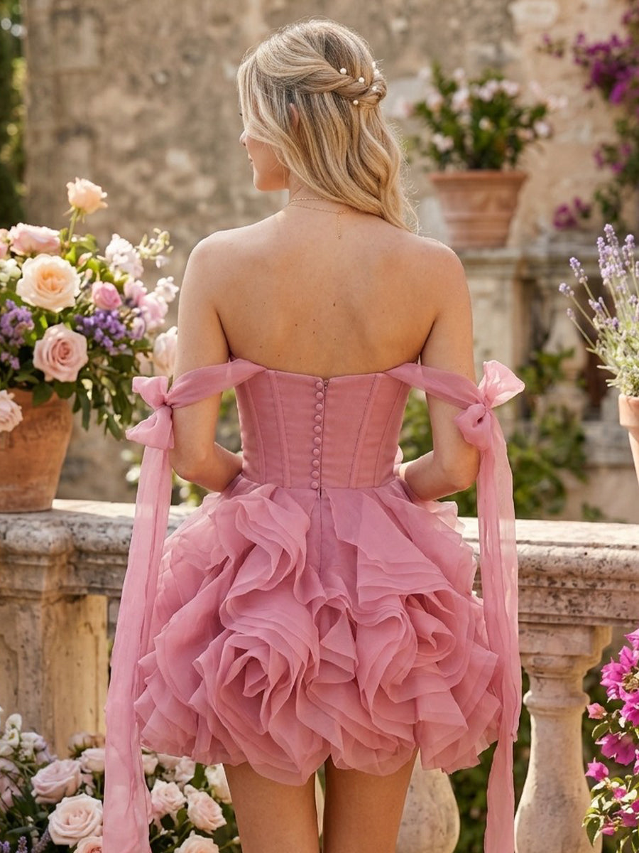 Tulle Off Shoulder Tiered Sleeveless Short Homecoming Dresses