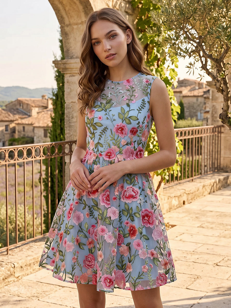 Embroidery A Line Lace Appliques Sleeveless Short Homecoming Dresses