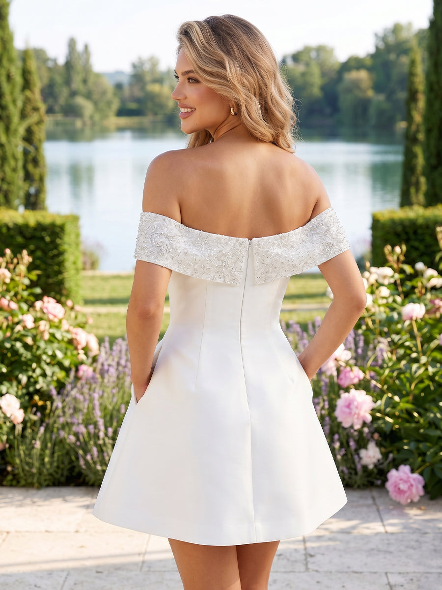 Satin A Line Strapless Off Shoulder Short Homecoming Dresses with Pockets