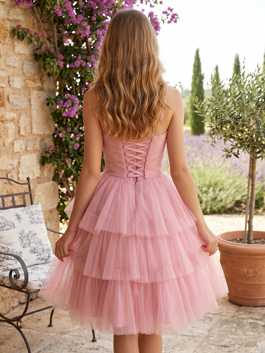 Tulle A Line Sweetheart Sleeveless Tiered Short Homecoming Dresses