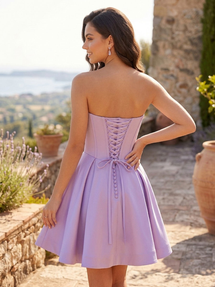 Satin Strapless Corset A Line Sleeveless Short Homecoming Dresses