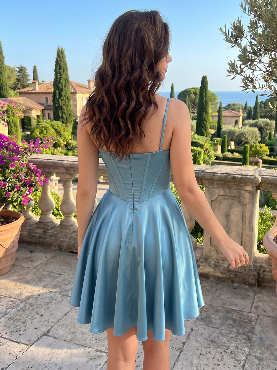 Satin Cowl Neck A Line Corset Spaghetti Straps Sleeveless Short Homecoming Dresses