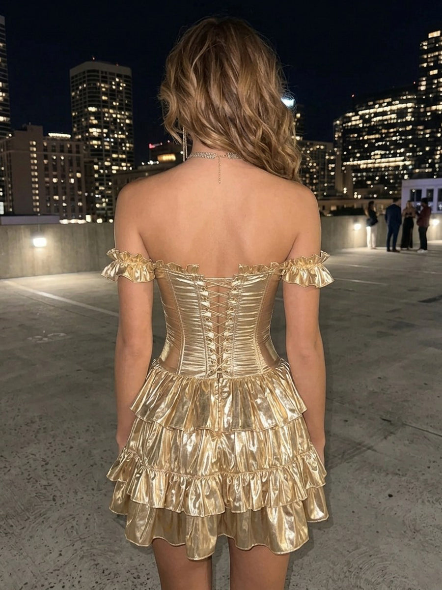 Metallic Off the Shoulder A Line Sleeveless Tiered Short Homecoming Dresses