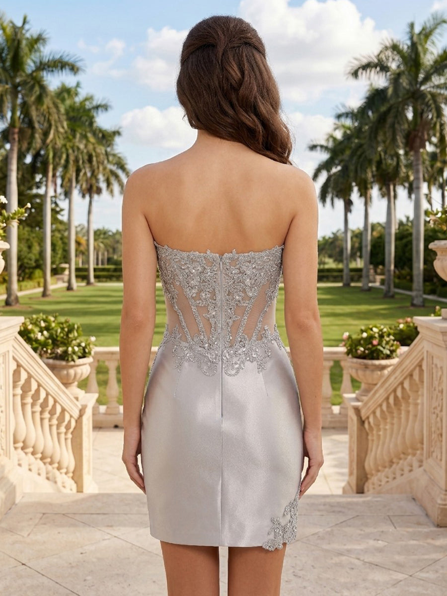 Sheath Strapless Satin Sleeveless Short Homecoming Dresses