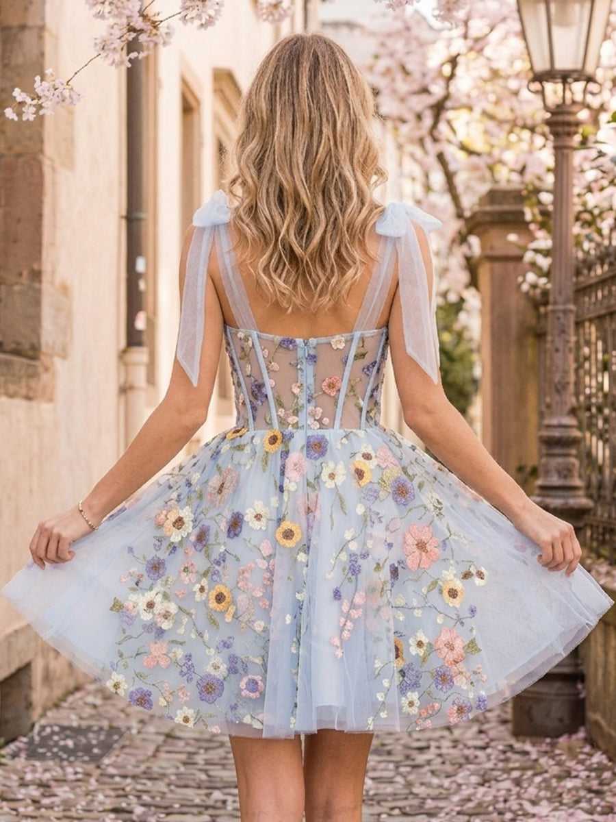Tulle A Line Spaghetti Straps Sleeveless Short Homecoming Dresses
