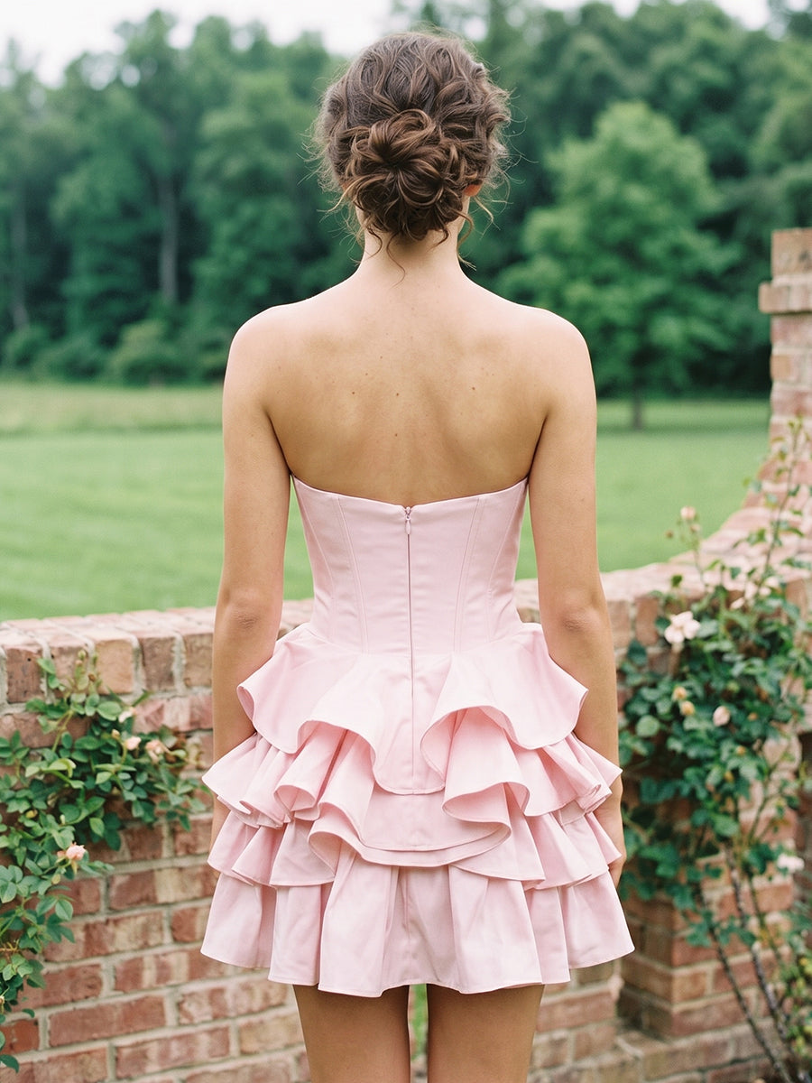 A Line Satin Sweetheart Sleeveless Tiered Short Homecoming Dresses