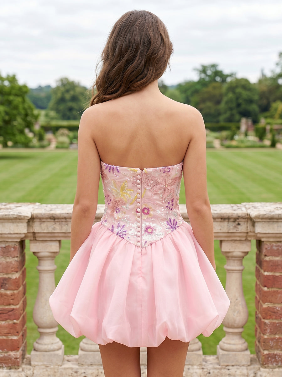 A Line Satin Strapless Sleeveless Embroidery Short Homecoming Dresses