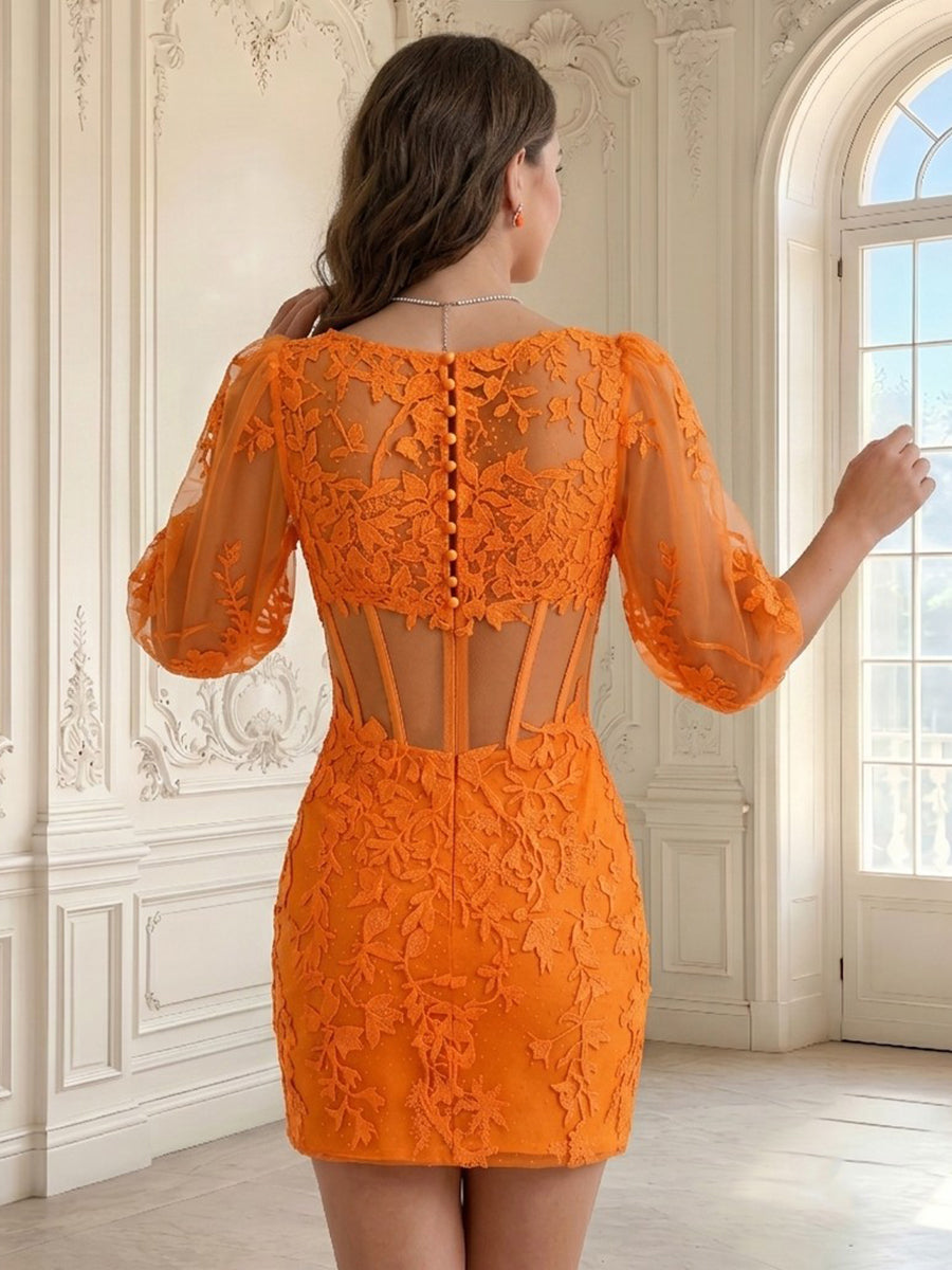 Tulle Square Neck Sheath Half Sleeves Corset Short Homecoming Dresses