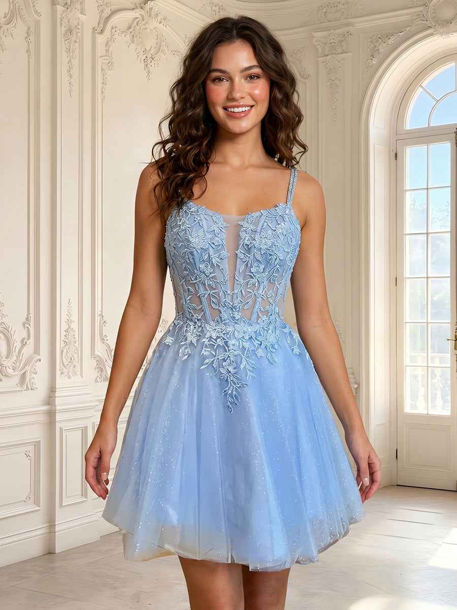 Spaghetti Straps Tulle A Line Sleeveless Corset Short Homecoming Dresses