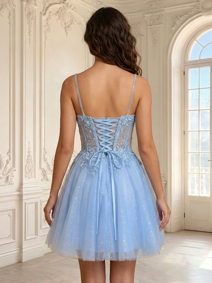 Spaghetti Straps Tulle A Line Sleeveless Corset Short Homecoming Dresses