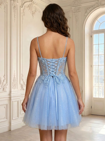 Spaghetti Straps Tulle A Line Sleeveless Corset Short Homecoming Dresses