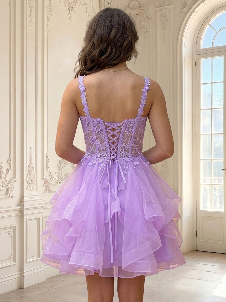 Sweetheart A Line Tulle Sleeveless Lace Applique Short Homecoming Dresses