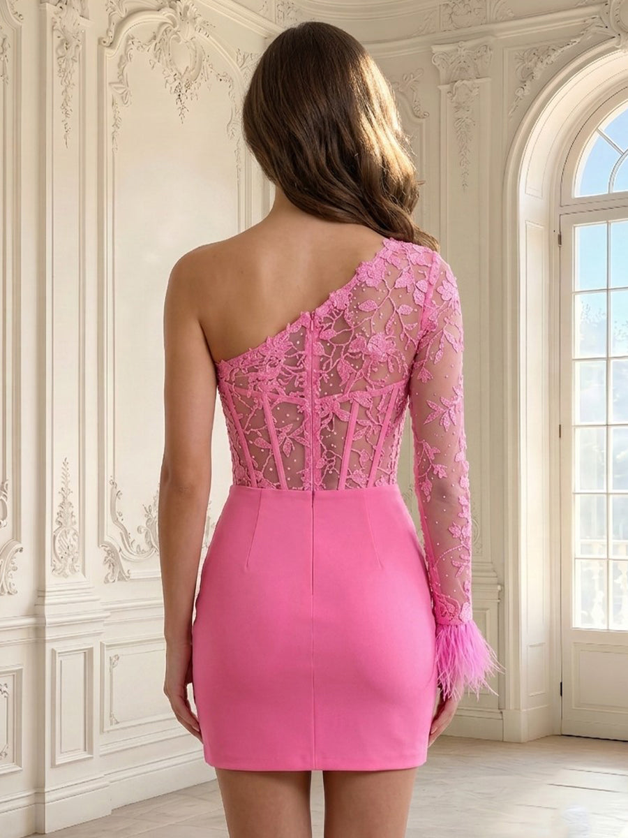 Sheath One Shoulder Tulle Long Sleeves Lace Applique Short Homecoming Dresses
