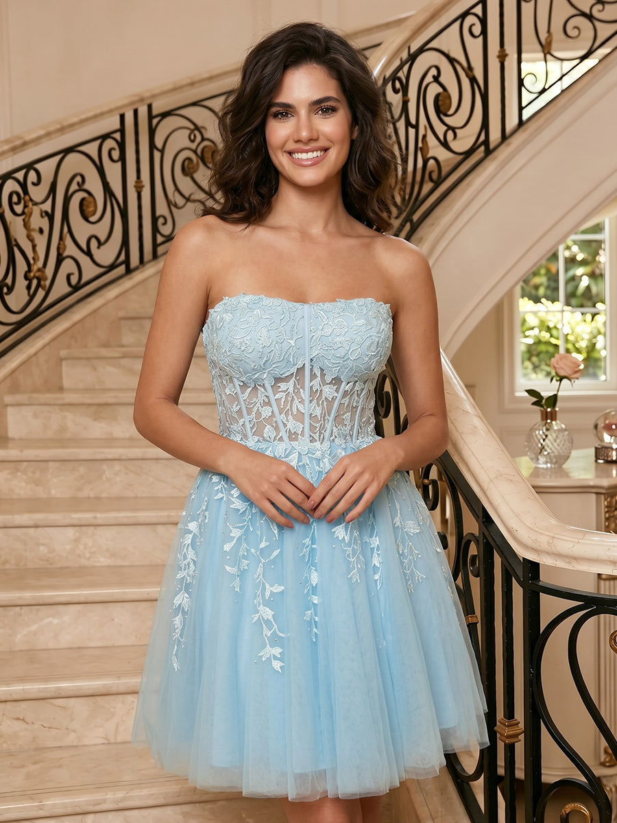 Tulle Strapless A Line Sleeveless Lace Applique Short Homecoming Dresses