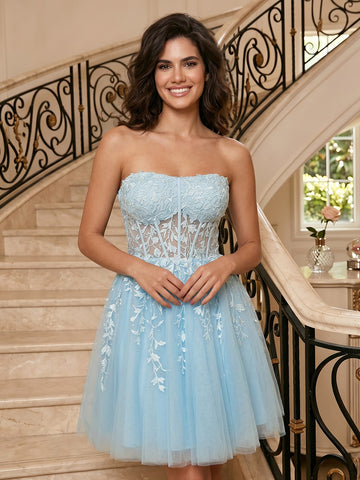 Tulle Strapless A Line Sleeveless Lace Applique Short Homecoming Dresses