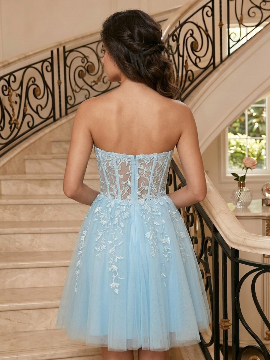 Tulle Strapless A Line Sleeveless Lace Applique Short Homecoming Dresses