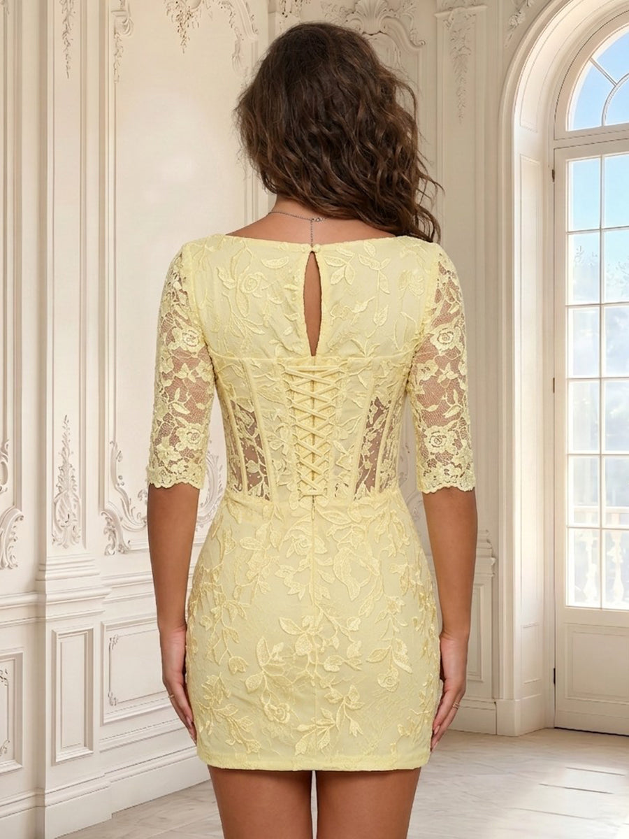 Sheath Tulle Square Neck Half Sleeves Lace Applique Short Homecoming Dresses