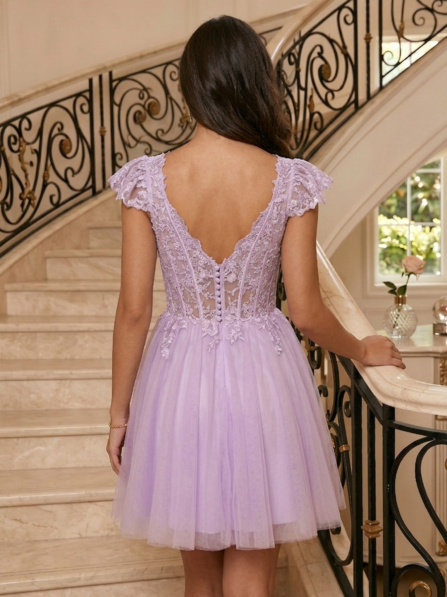 A Line Tulle V Neck Sleeveless Lace Applique Short Homecoming Dresses