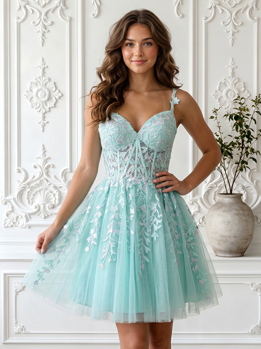 A Line Sweetheart Tulle Lace Applique Sleeveless Short Homecoming Dresses