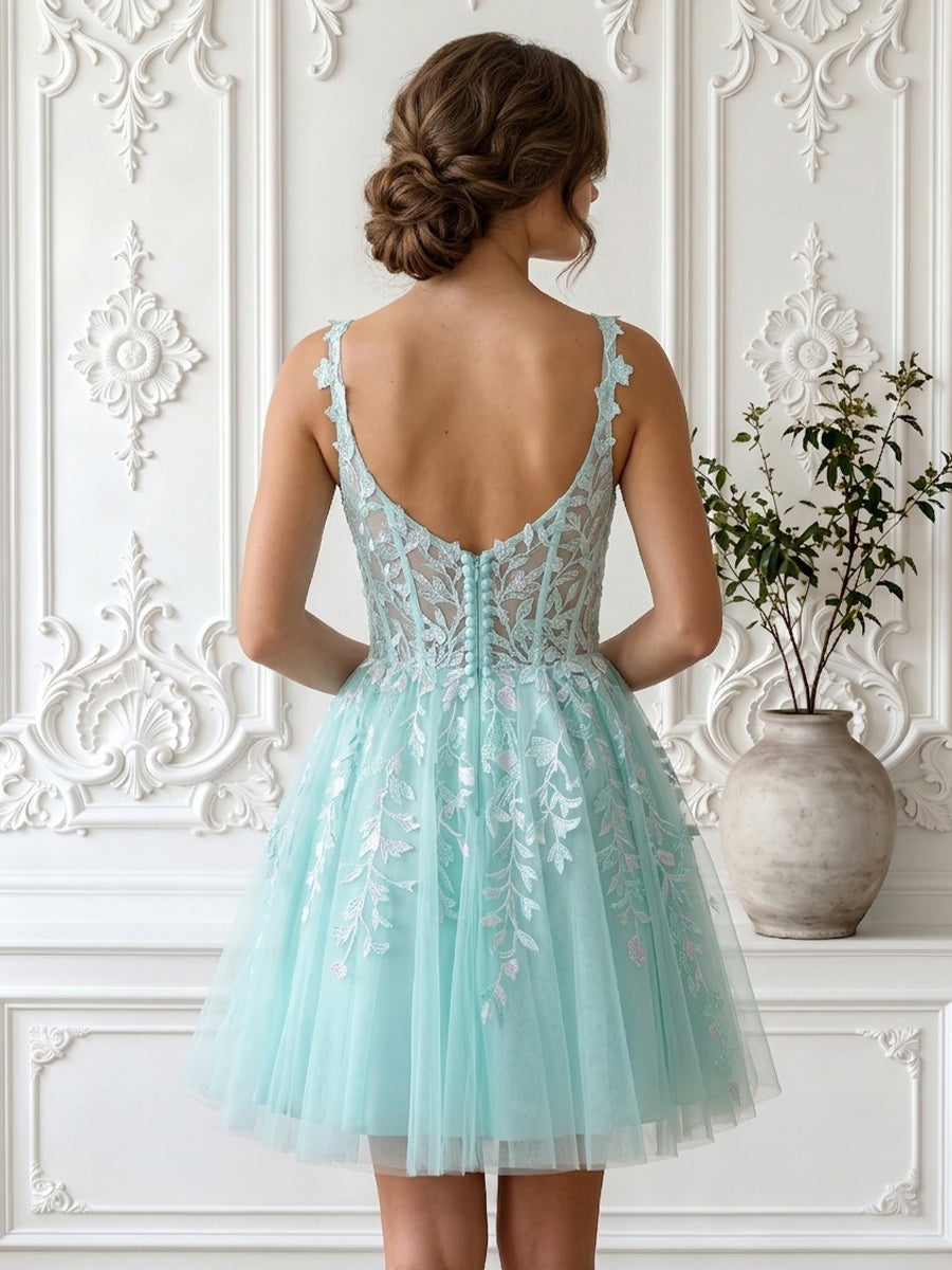A Line Sweetheart Tulle Lace Applique Sleeveless Short Homecoming Dresses