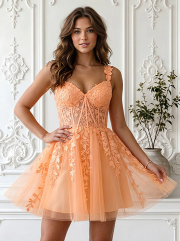 Tulle A Line Sweetheart Sleeveless Lace Applique Short Homecoming Dresses