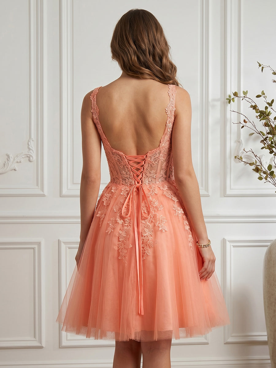 Tulle A Line Sweetheart Sleeveless Lace Applique Short Homecoming Dresses