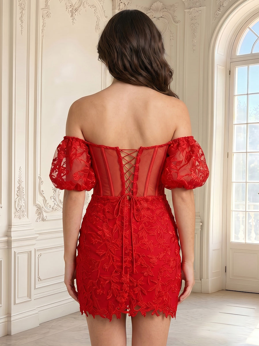 Tulle Sheath Off the Shoulder Lace Applique Sleeveless Short Homecoming Dresses