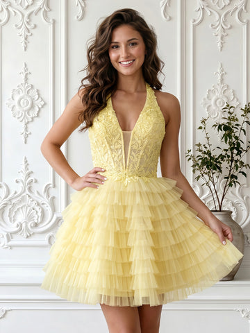 Halter Tulle A Line Lace Applique Sleeveless Short Homecoming Dresses