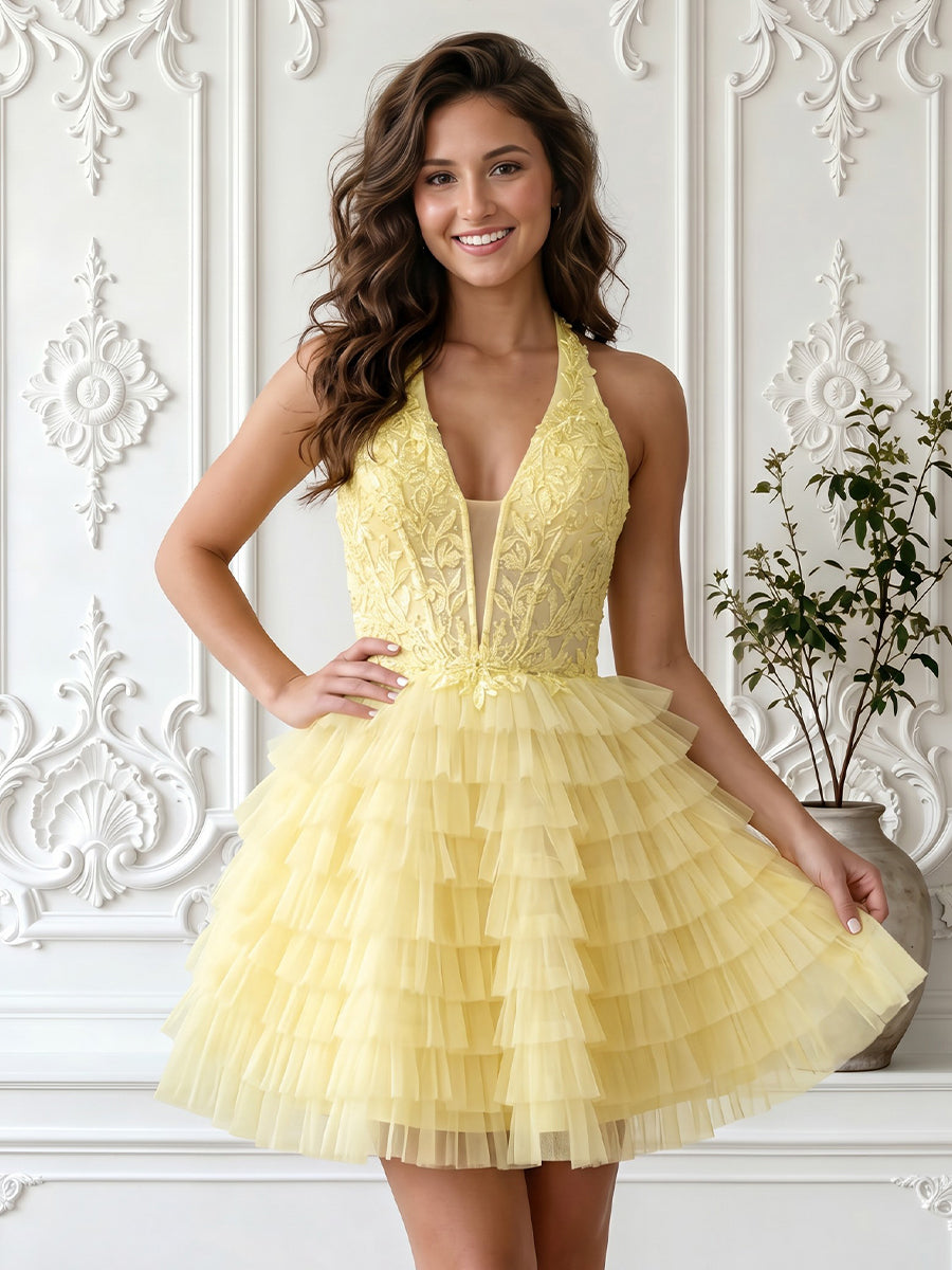 Halter Tulle A Line Lace Applique Sleeveless Short Homecoming Dresses