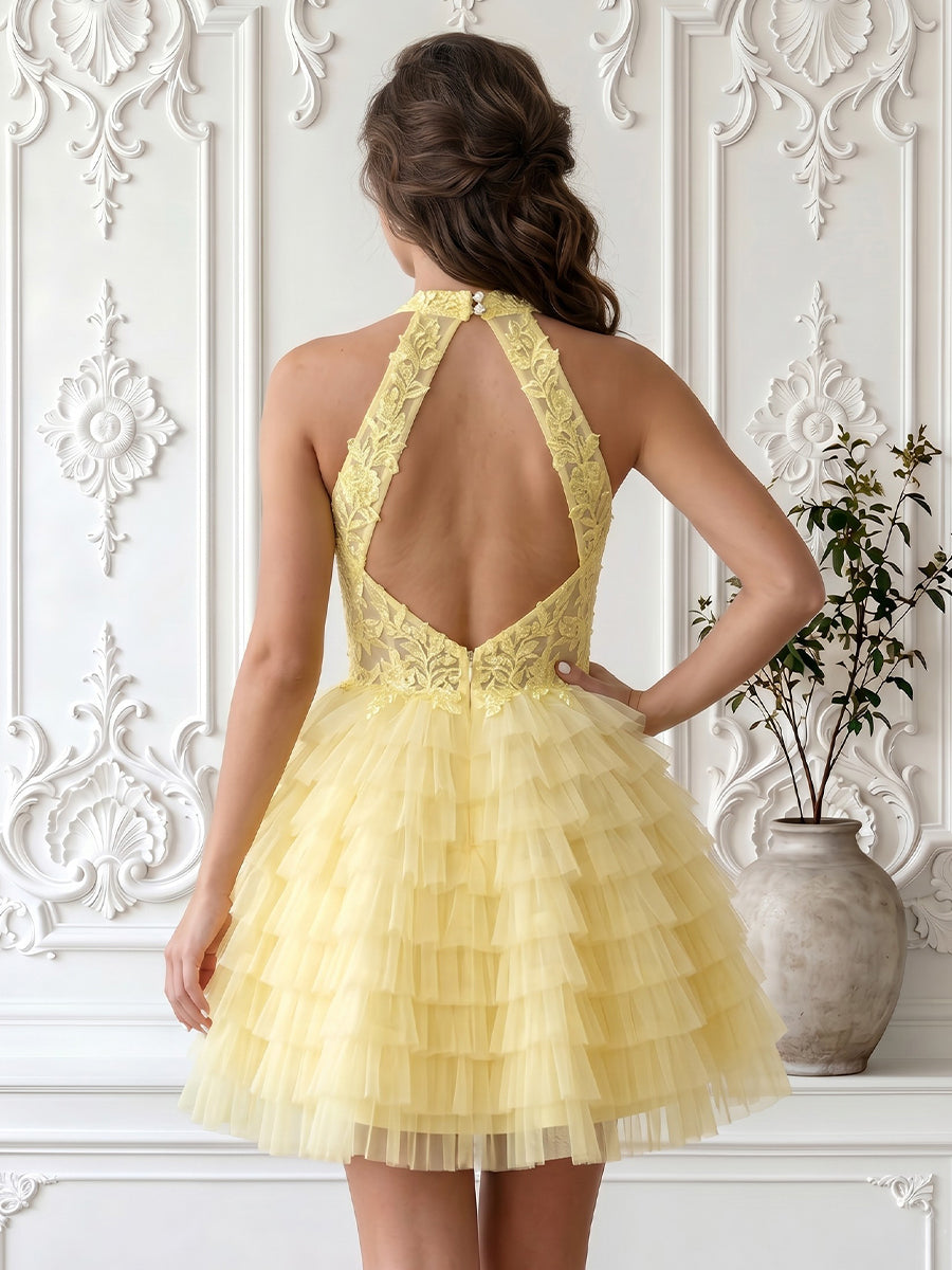 Halter Tulle A Line Lace Applique Sleeveless Short Homecoming Dresses