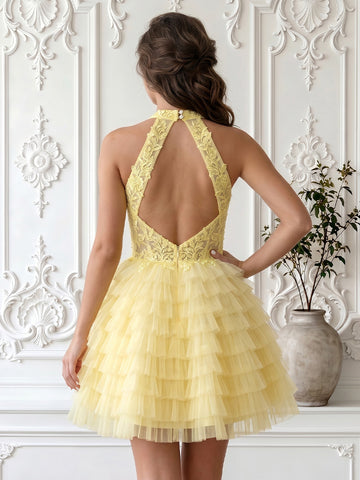 Halter Tulle A Line Lace Applique Sleeveless Short Homecoming Dresses