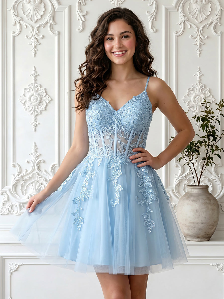 A Line Tulle V Neck Sleeveless Lace Applique Short Homecoming Dresses