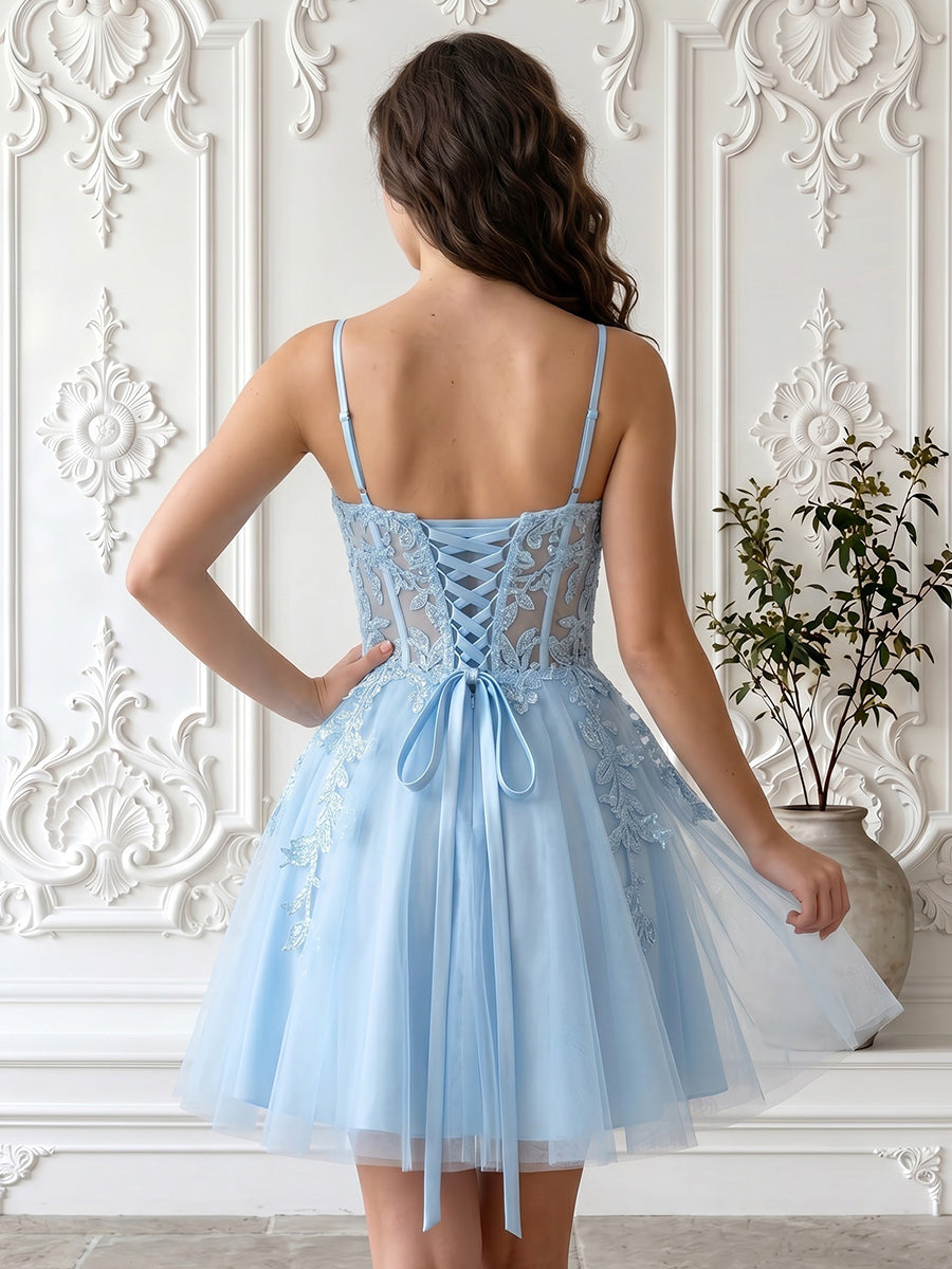 A Line Tulle V Neck Sleeveless Lace Applique Short Homecoming Dresses