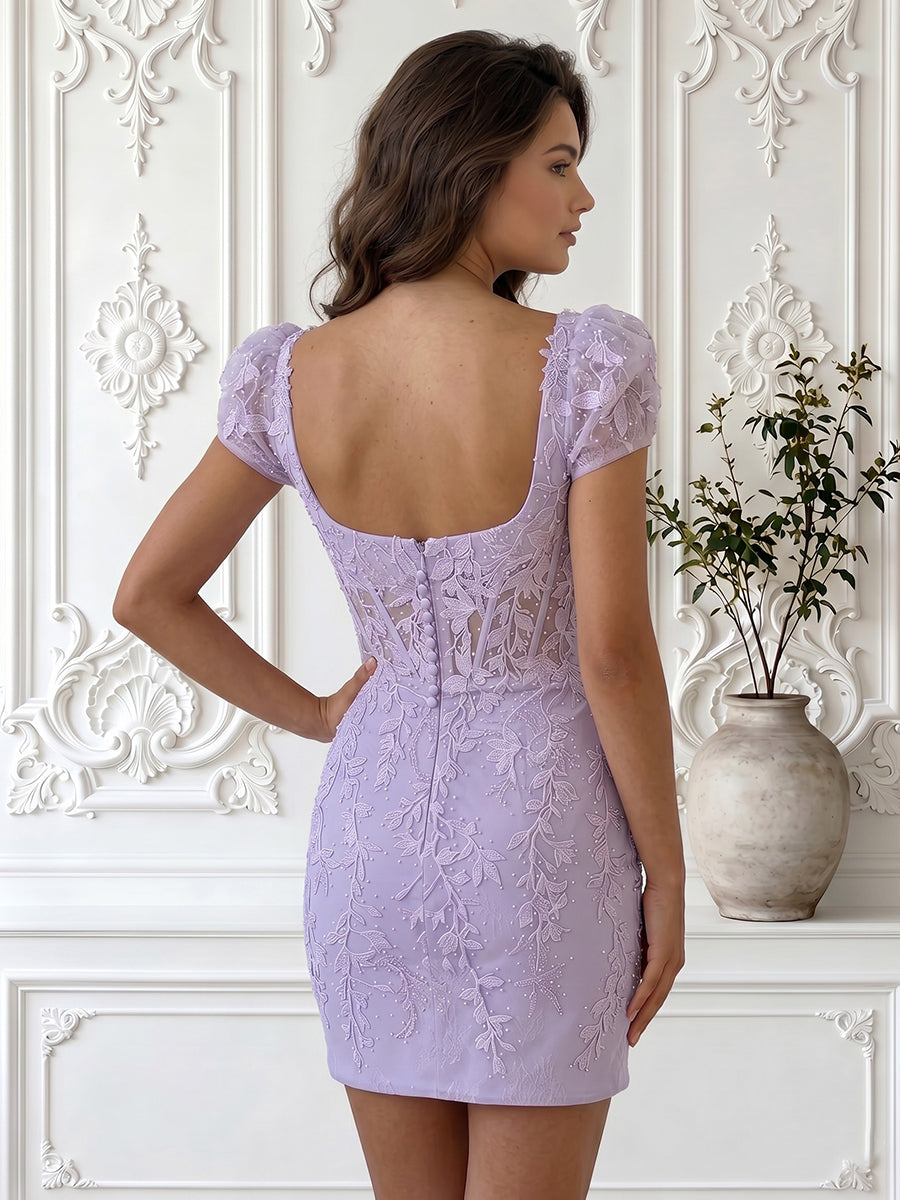 Square Neck Tulle Sheath Lace Applique Sleeveless Short Homecoming Dresses