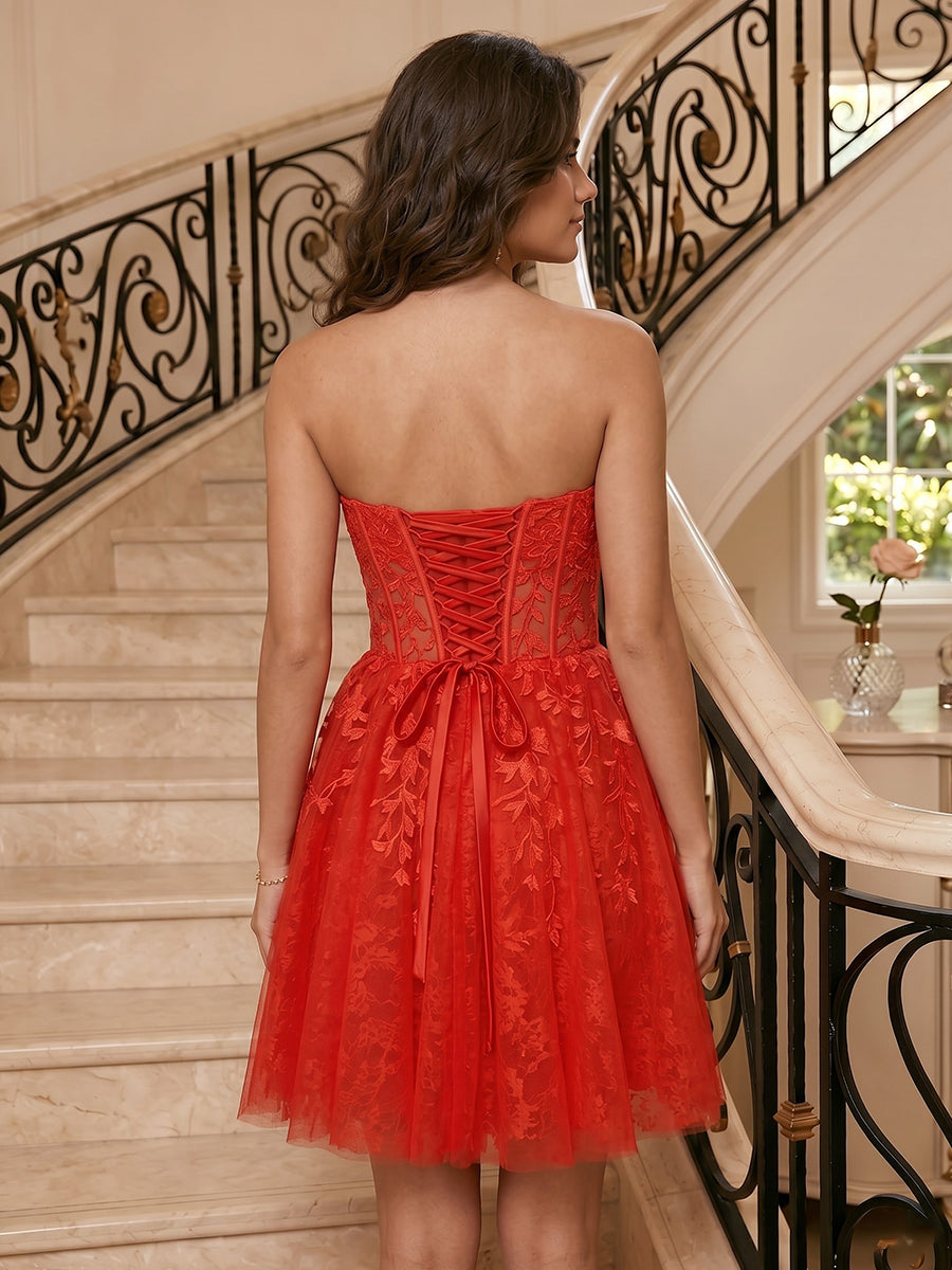 Tulle Strapless A Line Lace Applique Sleeveless Short Homecoming Dresses