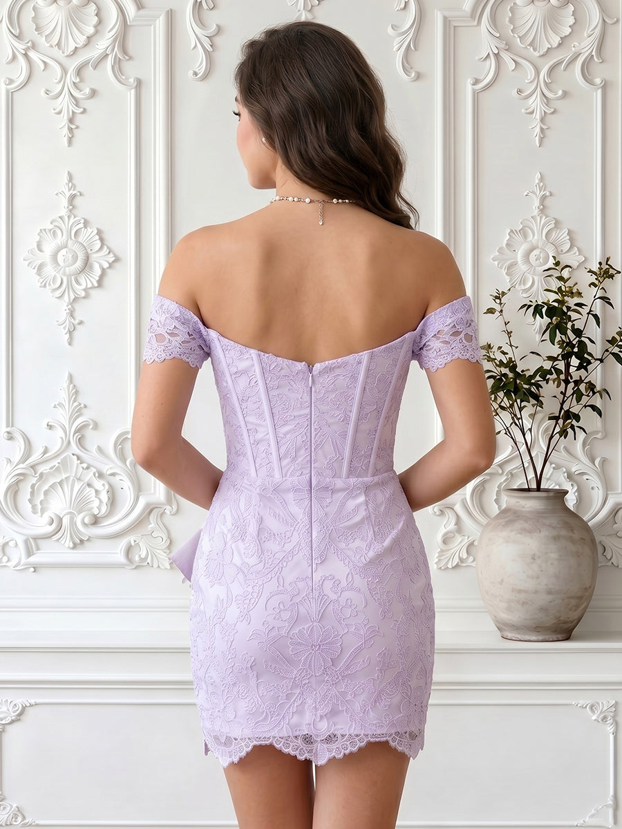 Sheath Off the Shoulder Satin Lace Applique Sleeveless Short Homecoming Dresses