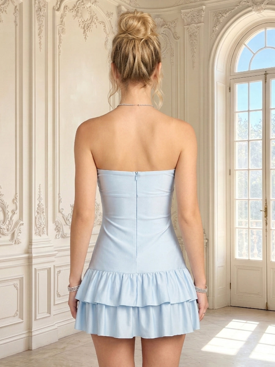 Strapless A Line Satin Sleeveless Tiered Short Homecoming Dresses