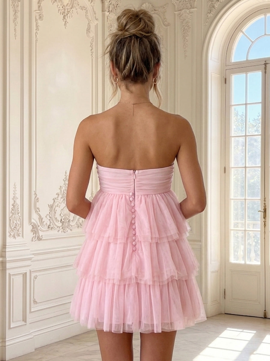 Strapless A Line Tulle Sleeveless Tiered Short Homecoming Dresses